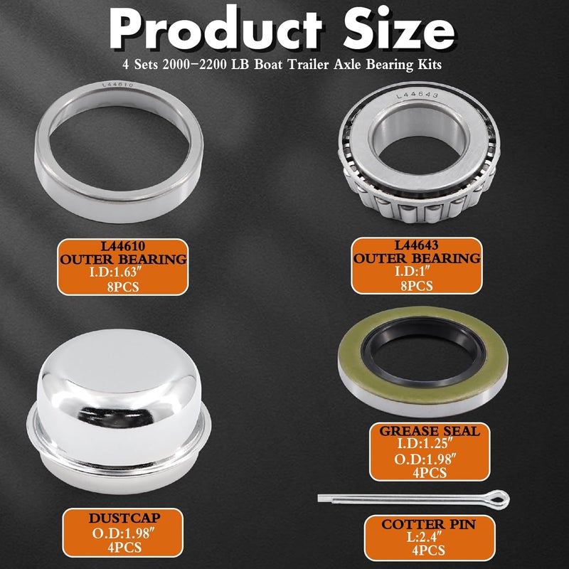Jeemiter L44643 L44610 Trailer Bearing Kit for #91 Spindle - Fits 3500 lb Axles | 4 Sets Complete Hub Kit with 1.98" Seals, Dust Covers & Spindle Nuts - Image 5